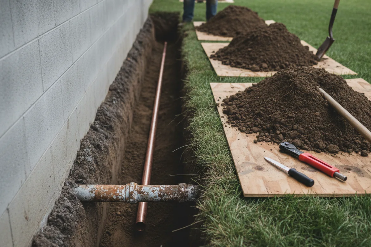 Excavated water line trench during Sewer Line Repair in Silverpeak
